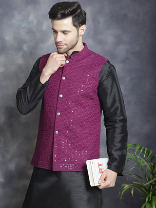 Men's Sequins and Embroidred Nehru Jacket With Solid Kurta Pyjama.