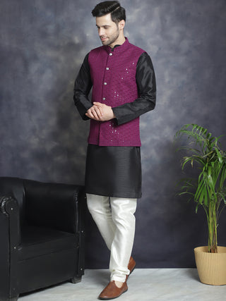 Men's Sequins and Embroidred Nehru Jacket With Solid Kurta Pyjama.