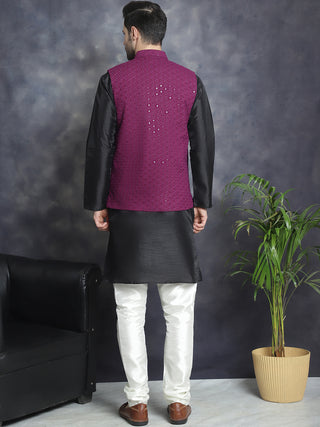 Men's Sequins and Embroidred Nehru Jacket With Solid Kurta Pyjama.