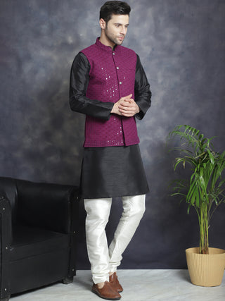 Men's Sequins and Embroidred Nehru Jacket With Solid Kurta Pyjama.