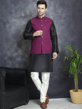 Men's Sequins and Embroidred Nehru Jacket With Solid Kurta Pyjama.