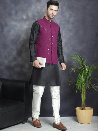 Men's Sequins and Embroidred Nehru Jacket With Solid Kurta Pyjama.