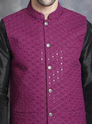 Men's Sequins and Embroidred Nehru Jacket With Solid Kurta Pyjama.