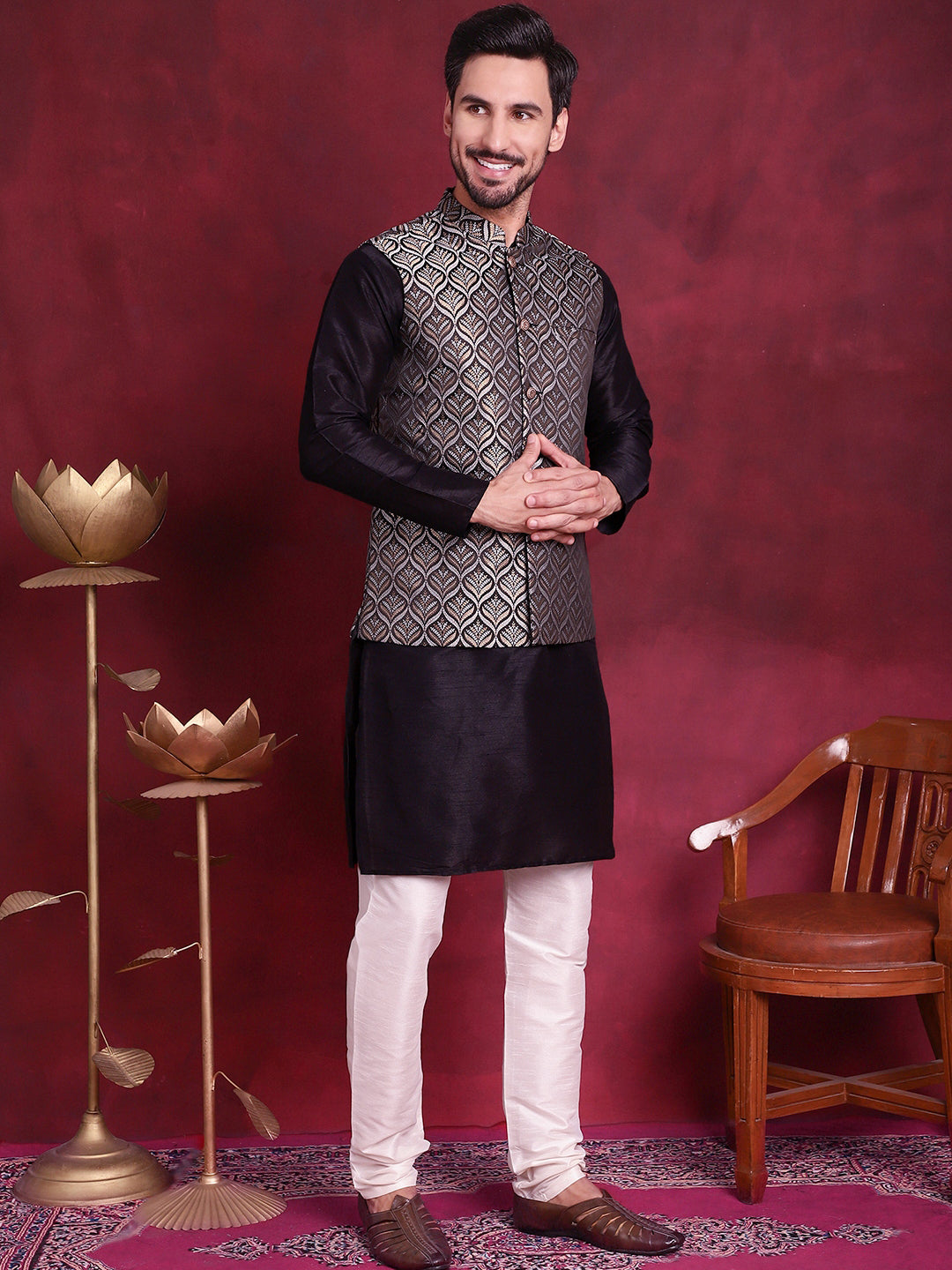 Woven Design Nehru Jacket With Kurta Pyjama Set – Jompers