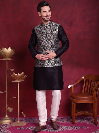 Woven Design Nehru Jacket With Kurta Pyjama Set