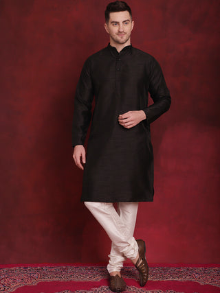 Black Floral Printed Nehru Jacket With Kurta Pyjama Set