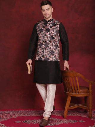 Black Floral Printed Nehru Jacket With Kurta Pyjama Set