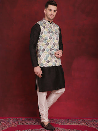 Green Floral Printed Nehru Jacket With Kurta Pyjama Set
