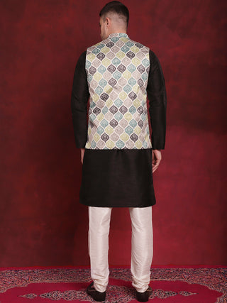 Green Floral Printed Nehru Jacket With Kurta Pyjama Set