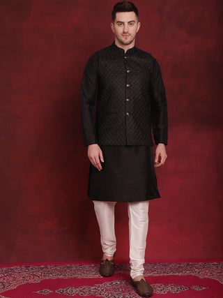 Black Woven Design Nehru Jacket With Kurta Pyjama Set