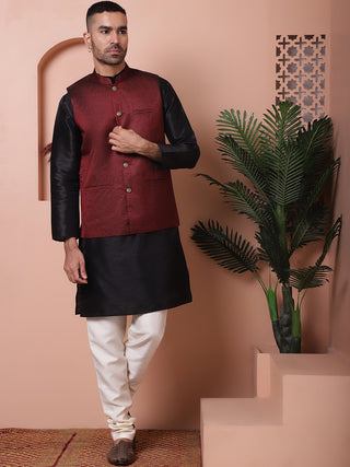 Men's Maroon Woven Design Nehru Jacket With Solid Kurta Pyjama