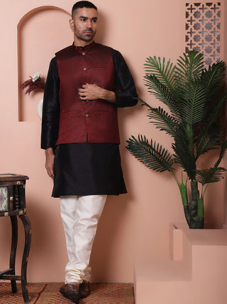 Men's Maroon Woven Design Nehru Jacket With Solid Kurta Pyjama