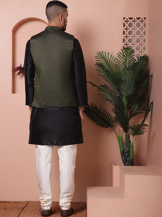 Men's Olive Green Woven Design Nehru Jacket With Solid Kurta Pyjama