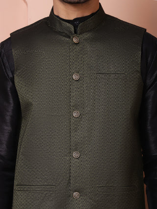 Men's Olive Green Woven Design Nehru Jacket With Solid Kurta Pyjama