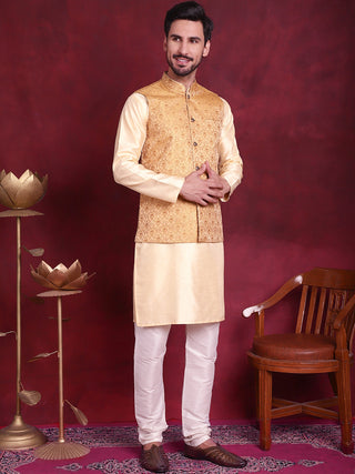 Woven Design Nehru Jacket With Kurta Pyjama Set