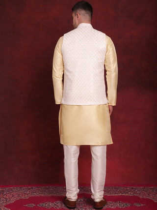 White Woven Design Nehru Jacket With Kurta Pyjama Set