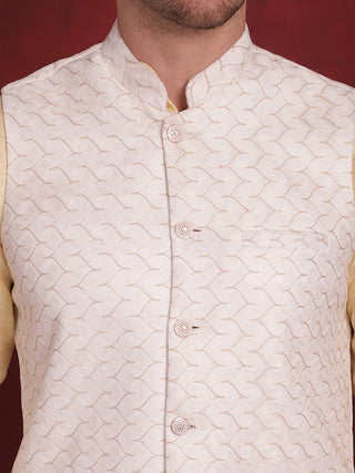 White Woven Design Nehru Jacket With Kurta Pyjama Set