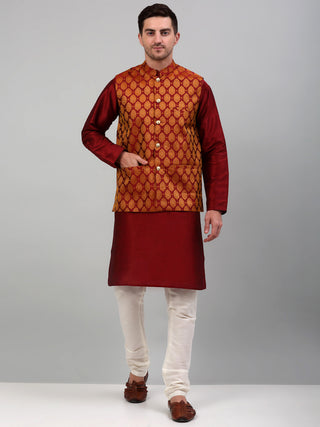 Men's Woven Design Nehru Jacket and Kurta Pyjama Set