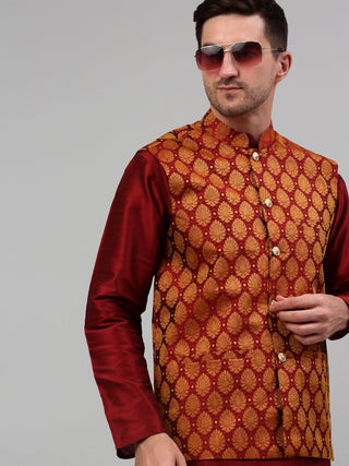 Men's Woven Design Nehru Jacket and Kurta Pyjama Set