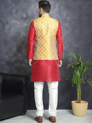 Men's Woven Design Nehru Jacket With Kurta Pyjama Set