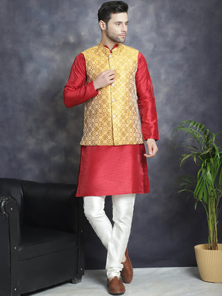 Men's Woven Design Nehru Jacket With Kurta Pyjama Set