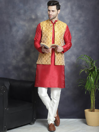 Men's Woven Design Nehru Jacket With Kurta Pyjama Set