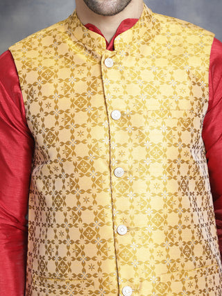 Men's Woven Design Nehru Jacket With Kurta Pyjama Set