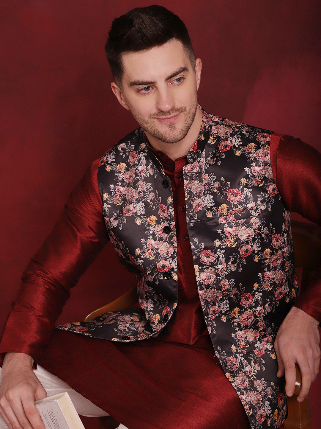 Black Floral Printed Nehru Jacket With Kurta Pyjama Set