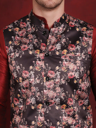 Black Floral Printed Nehru Jacket With Kurta Pyjama Set