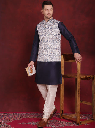 White Floral Printed Nehru Jacket With Kurta Pyjama Set