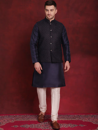 Navy Blue Woven Design Nehru Jacket With Kurta Pyjama Set