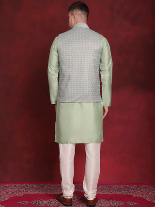 Green Woven Design Nehru Jacket With Kurta Pyjama Set