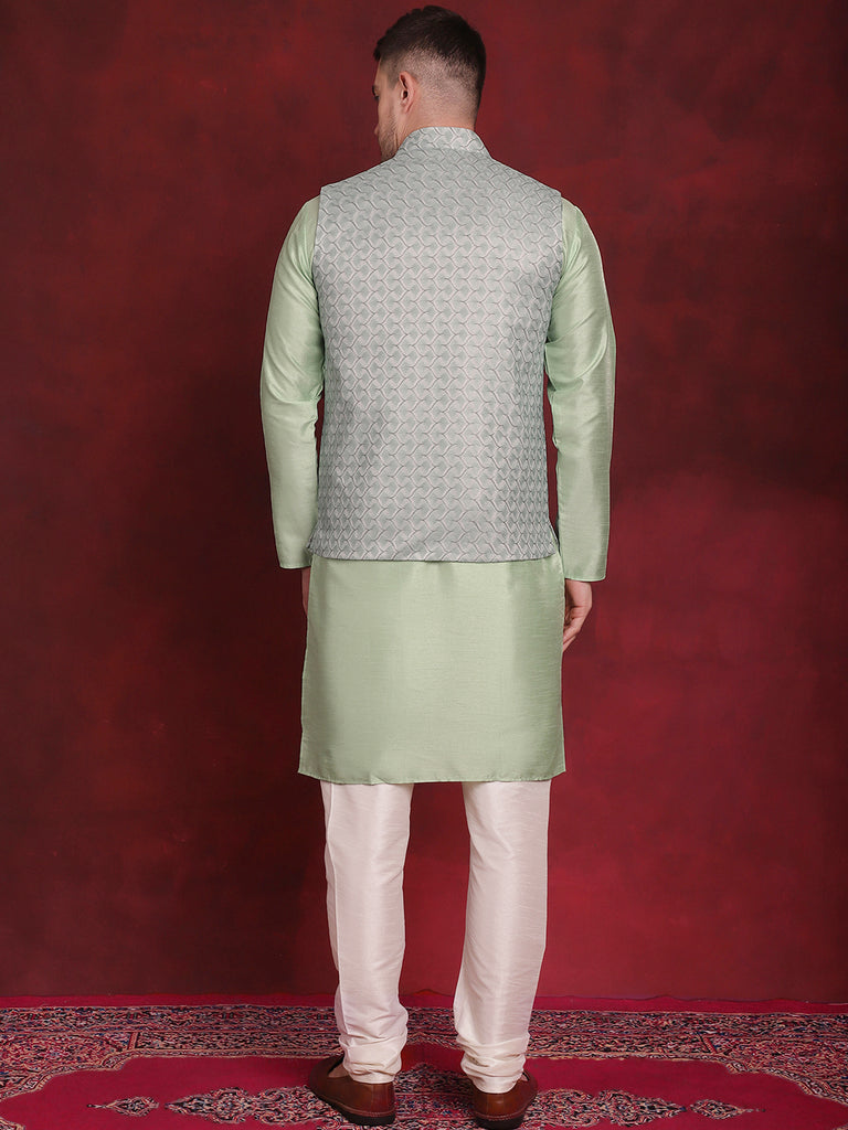 Woven Design Nehru Jacket With Kurta Pyjama Set