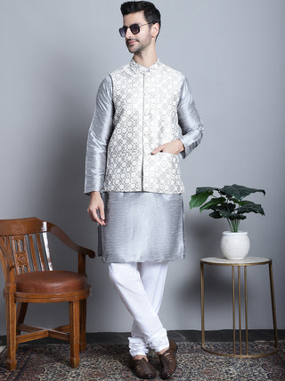 Men's Woven Design Nehru Jacket With Kurta Pyjama Set