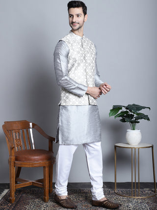 Men's Woven Design Nehru Jacket With Kurta Pyjama Set