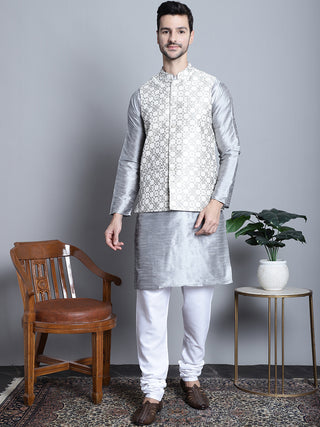 Men's Woven Design Nehru Jacket With Kurta Pyjama Set