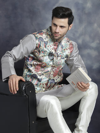 Men's Digital Print and Zari Work Nehru Jacket With Kurta Pyjama Set