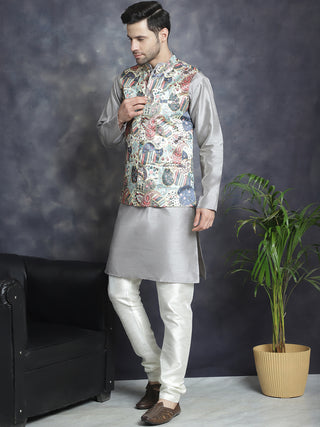 Men's Digital Print and Zari Work Nehru Jacket With Kurta Pyjama Set