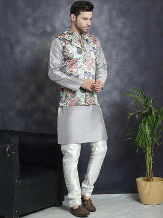 Men's Digital Print and Zari Work Nehru Jacket With Kurta Pyjama Set