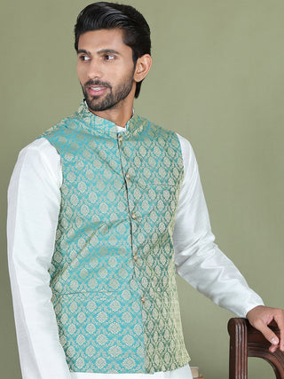 Woven Design Nehru Jacket With Solid Kurta Pyjama for Men