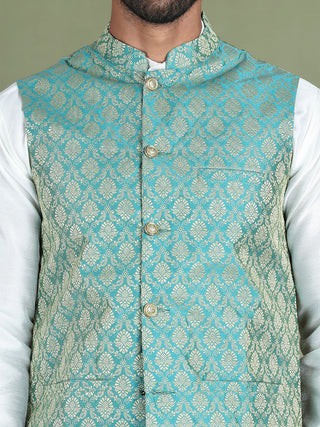Woven Design Nehru Jacket With Solid Kurta Pyjama for Men