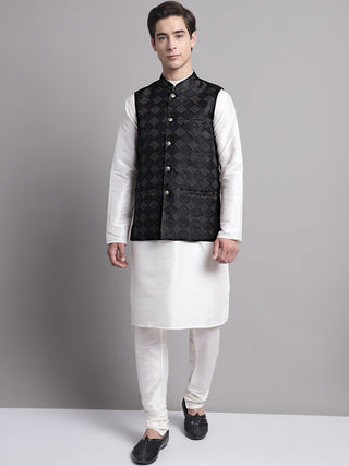 Men's Black Woven Design Nehru Jacket With Solid Kurta Pyjama.