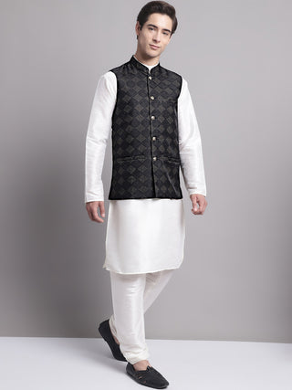 Men's Black Woven Design Nehru Jacket With Solid Kurta Pyjama.