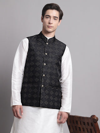 Men's Black Woven Design Nehru Jacket With Solid Kurta Pyjama.