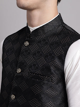 Men's Black Woven Design Nehru Jacket With Solid Kurta Pyjama.