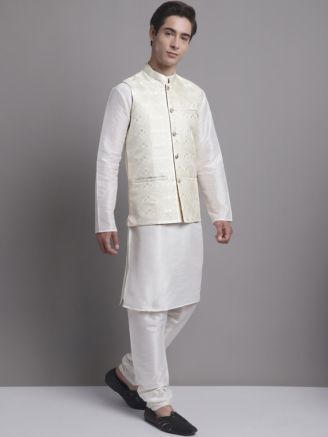 Men's Cream Woven Design Nehru Jacket With Solid Kurta Pyjama.