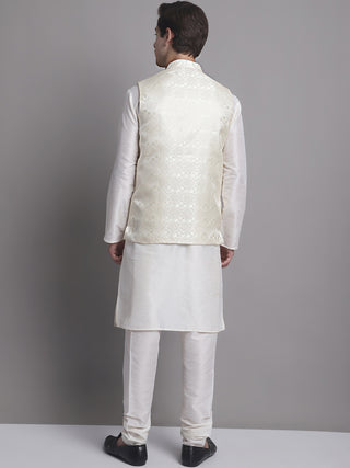 Men's Cream Woven Design Nehru Jacket With Solid Kurta Pyjama.