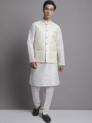 Men's Cream Woven Design Nehru Jacket With Solid Kurta Pyjama.