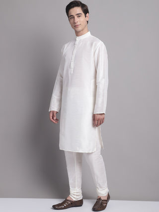 Men's Cream Woven Design Nehru Jacket With Solid Kurta Pyjama.