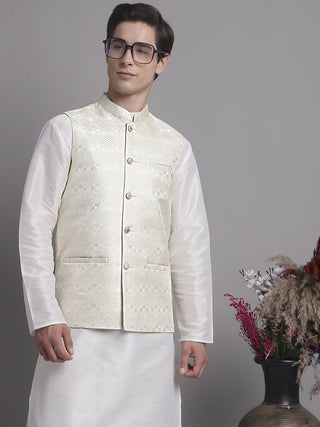 Men's Cream Woven Design Nehru Jacket With Solid Kurta Pyjama.